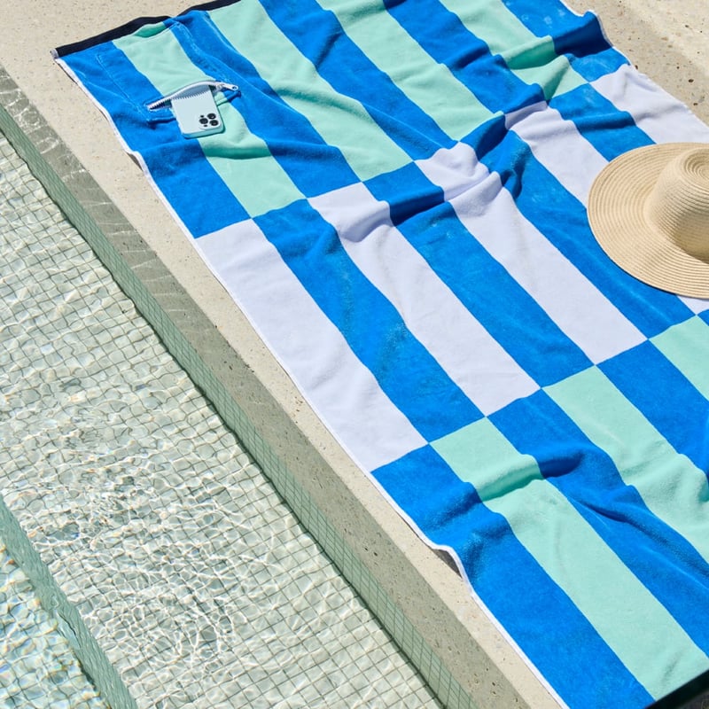 Luxe Velour Blue Multi Stripe Pocket Beach Towel