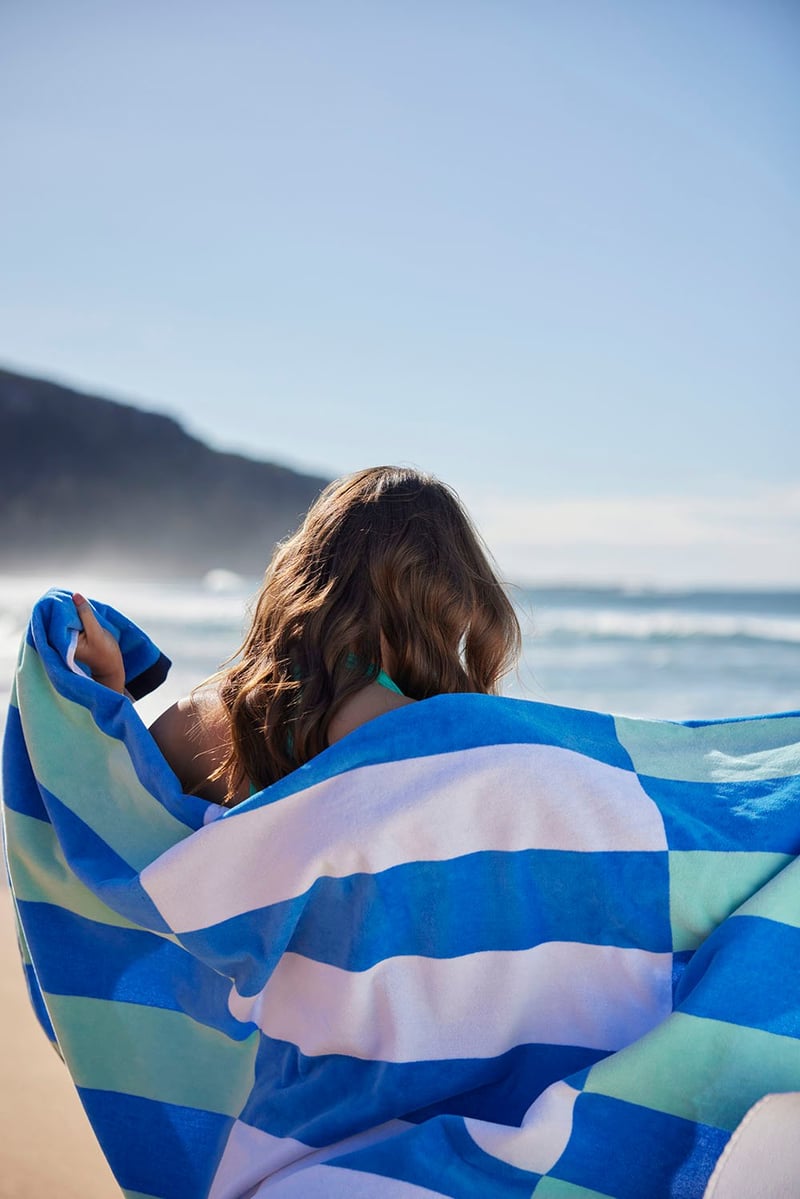 Luxe Velour Blue Multi Stripe Pocket Beach Towel