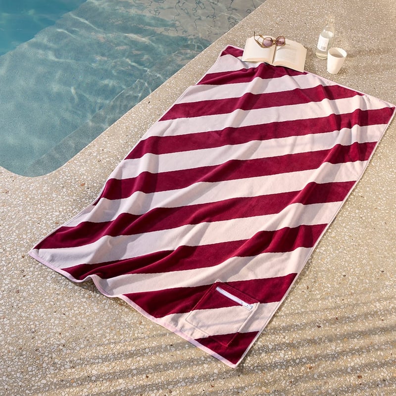 Luxe Burgundy & Cream Stripe Velour Pocket Beach Towel