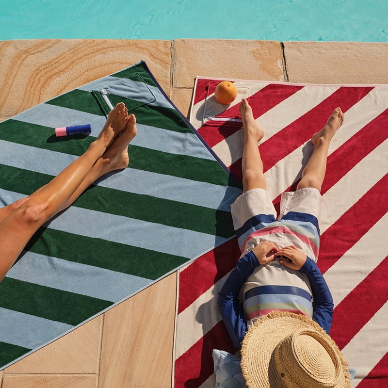 Luxe Forest & Chambray Blue Stripe Velour Pocket Beach Towel