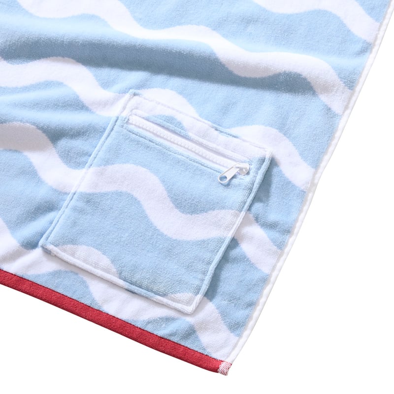 Luxe Chambray Blue & White Wave Velour Pocket Beach Towel