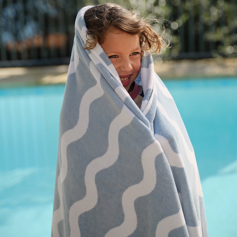Luxe Chambray Blue & White Wave Velour Pocket Beach Towel