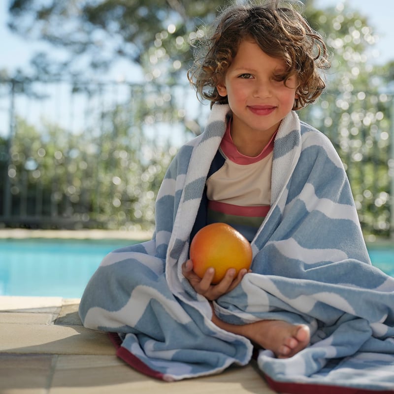 Luxe Chambray Blue & White Wave Velour Pocket Beach Towel