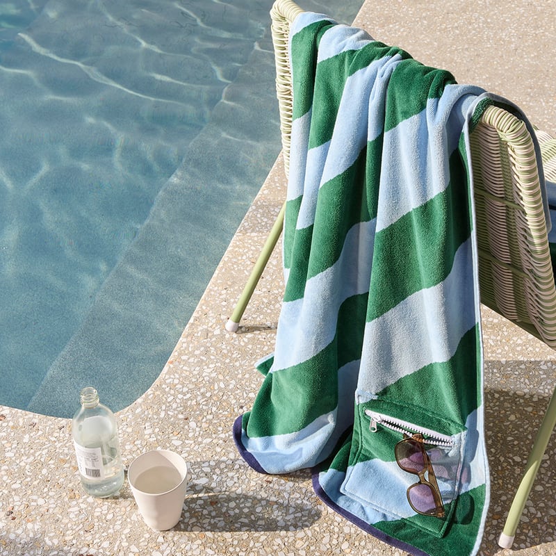 Luxe Forest & Chambray Blue Stripe Velour Pocket Beach Towel