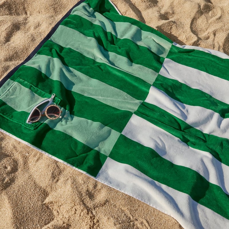Luxe Green Multi Stripe Velour Pocket Beach Towel