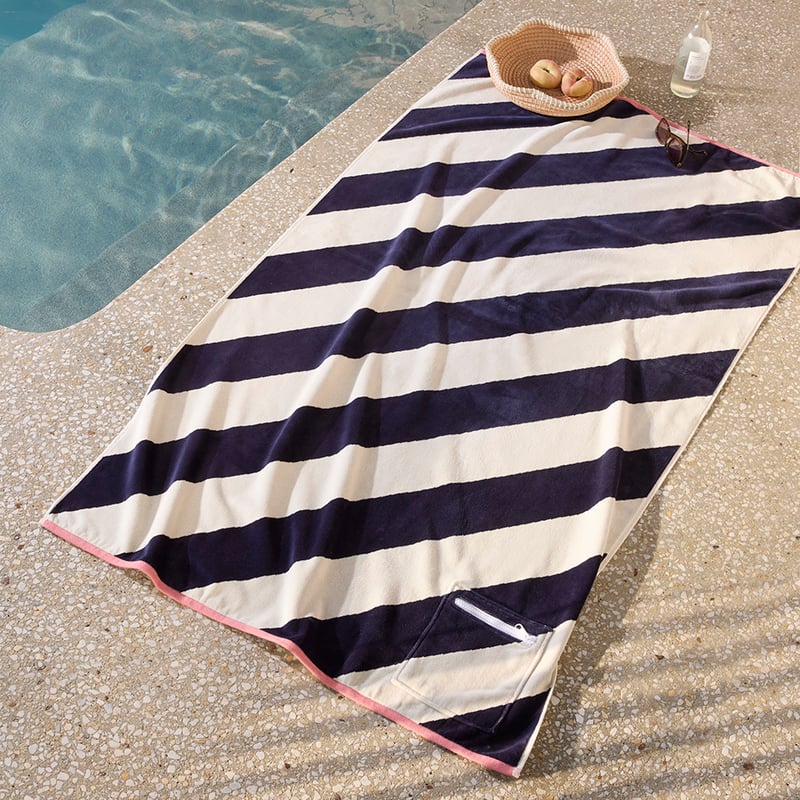 Luxe Navy & Cream Stripe Velour Pocket Beach Towel