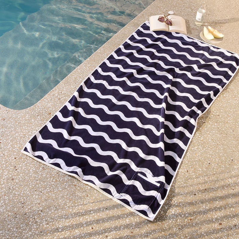 Luxe Navy & White Wave Velour Pocket Beach Towel