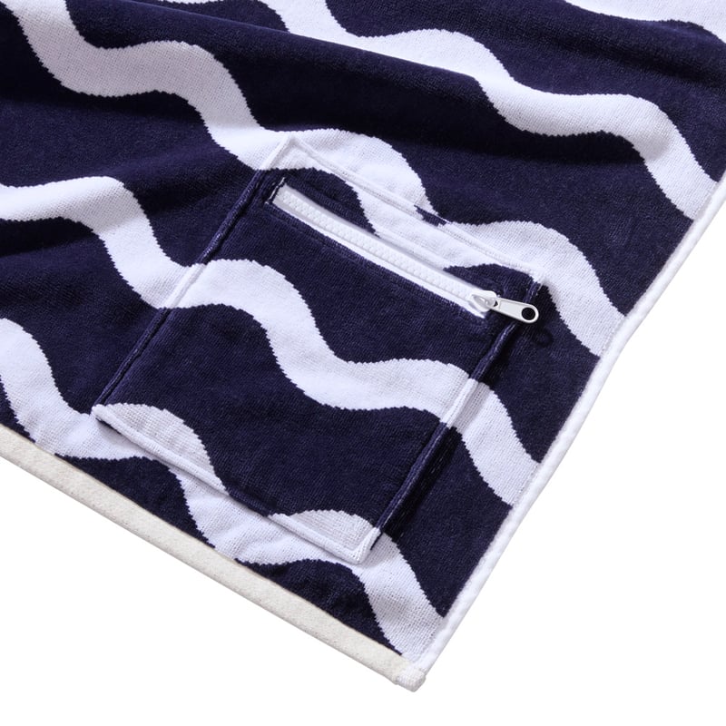 Luxe Navy & White Wave Velour Pocket Beach Towel
