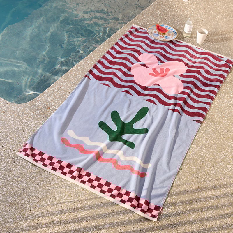 Luxe Blue Wave Floral Splice Velour Beach Towel