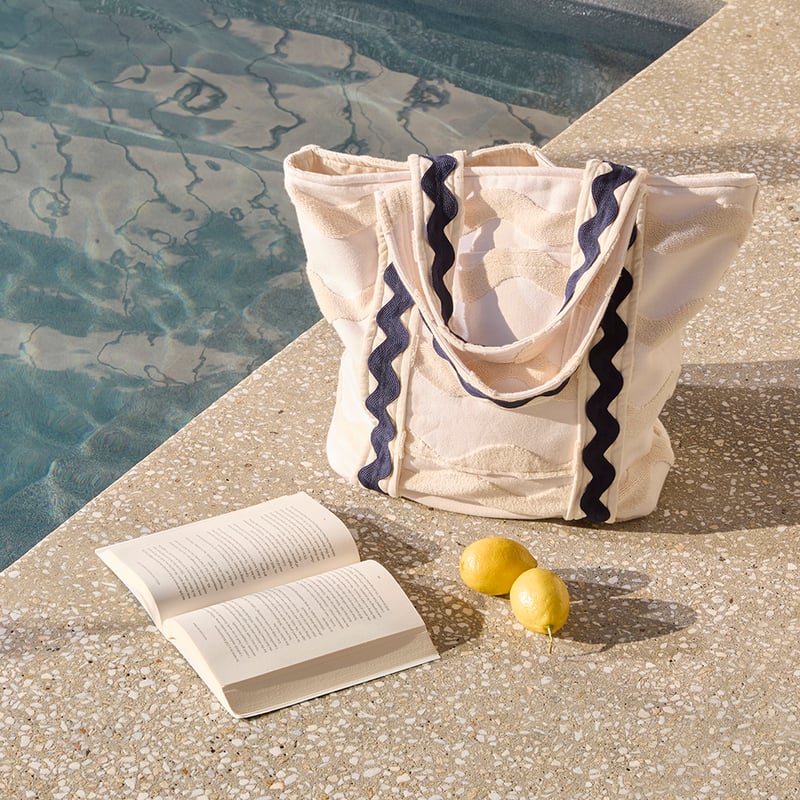 Terry Textured Cream & Navy Beach Tote