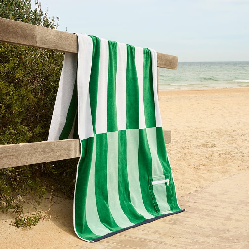 Luxe Green Multi Stripe Velour Pocket Beach Towel