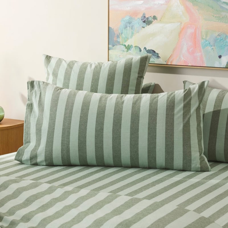 Stonewashed Cotton Green Block Stripe Quilt Cover Separates
