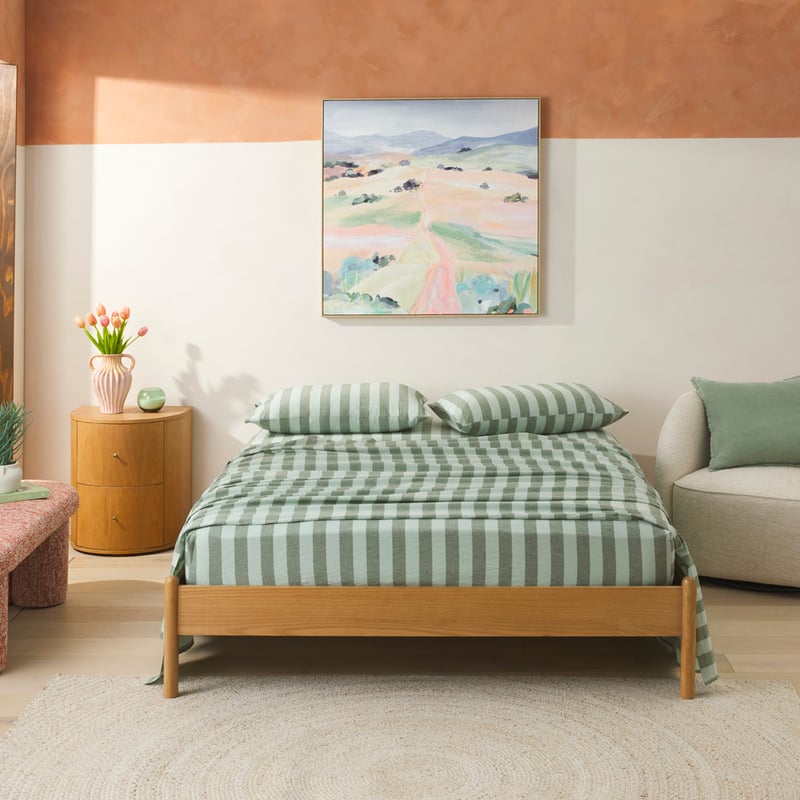 Stonewashed Cotton Green Block Stripe Sheet Separates