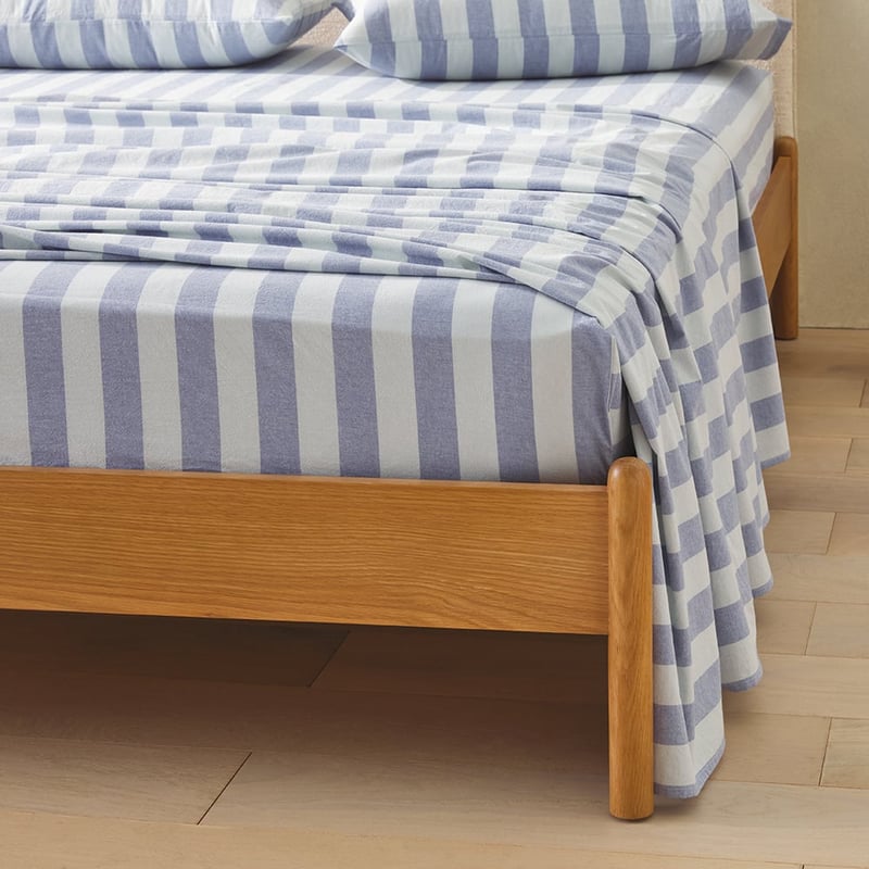 Stonewashed Cotton Blue Block Stripe Sheet Set