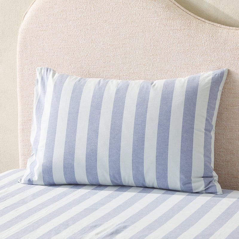Stonewashed Cotton Blue Block Stripe Sheet Set