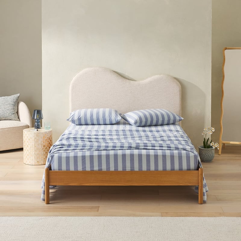 Stonewashed Cotton Blue Block Stripe Sheet Set