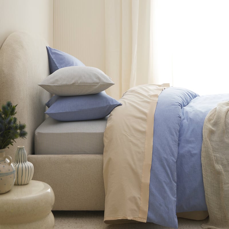 Stonewashed Printed Cotton Navy Stripe Sheet Set