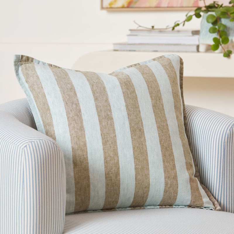 Belgian Mist & Olive Green Stripe Vintage Washed Linen Cushion