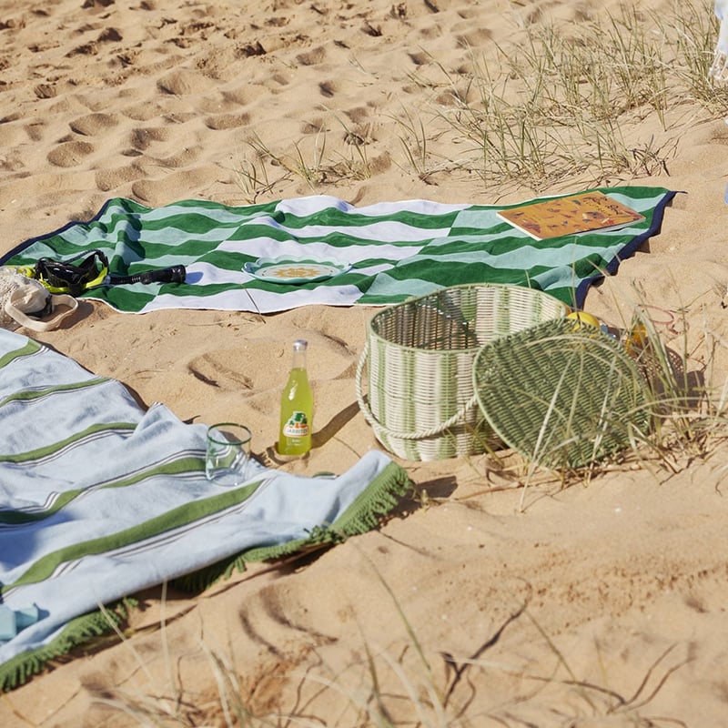 Luxe Green Multi Stripe Velour Pocket Beach Towel
