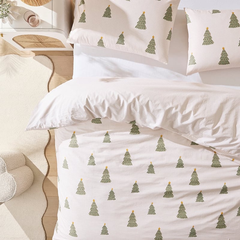 Christmas Tree Natural Gingham Quilt Cover Set