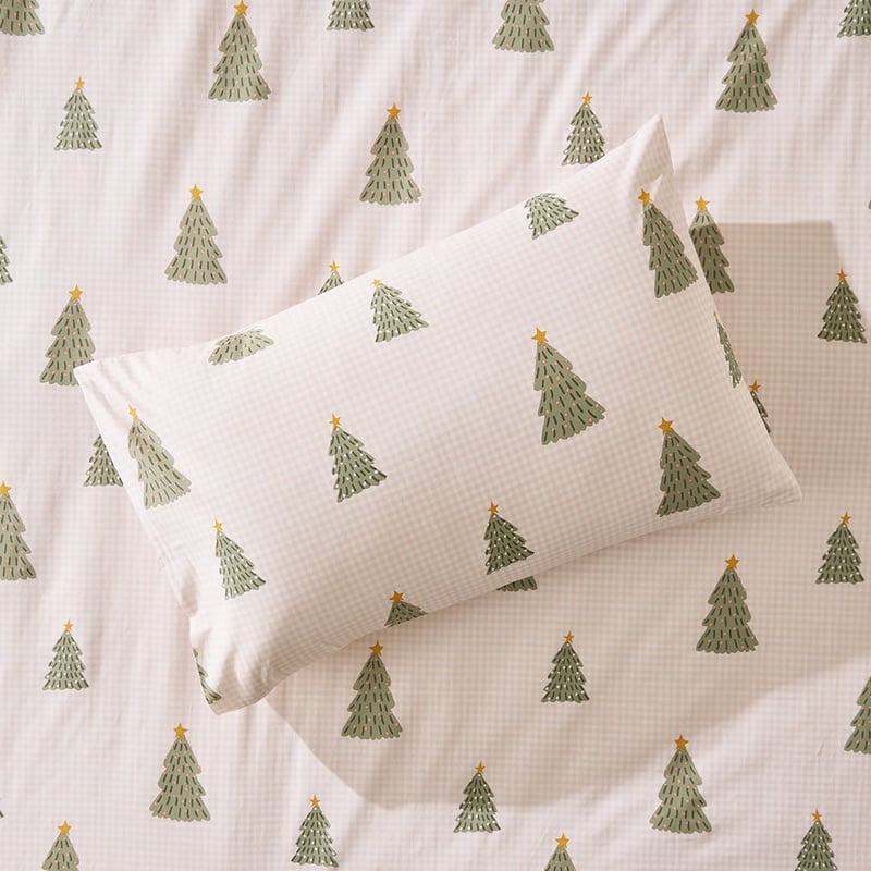 Christmas Tree Natural Gingham Quilt Cover Set