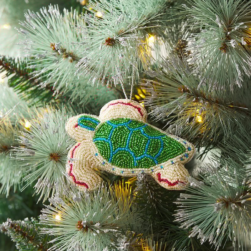 Sealife Turtle Blue & White Beaded Ornament