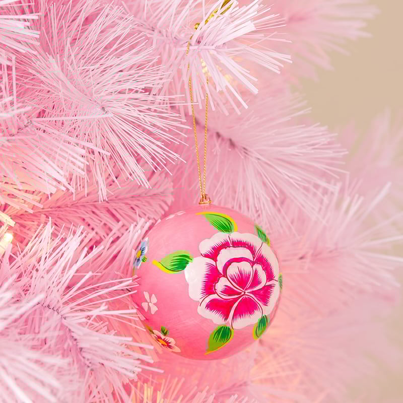 Papier Mache Pink Floral Ball Ornament