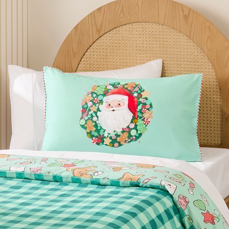 Christmas Santa Wreath Text Pillowcase