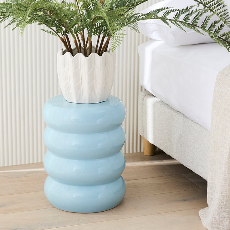Ceramic Soft Blue Ribbed Side Table