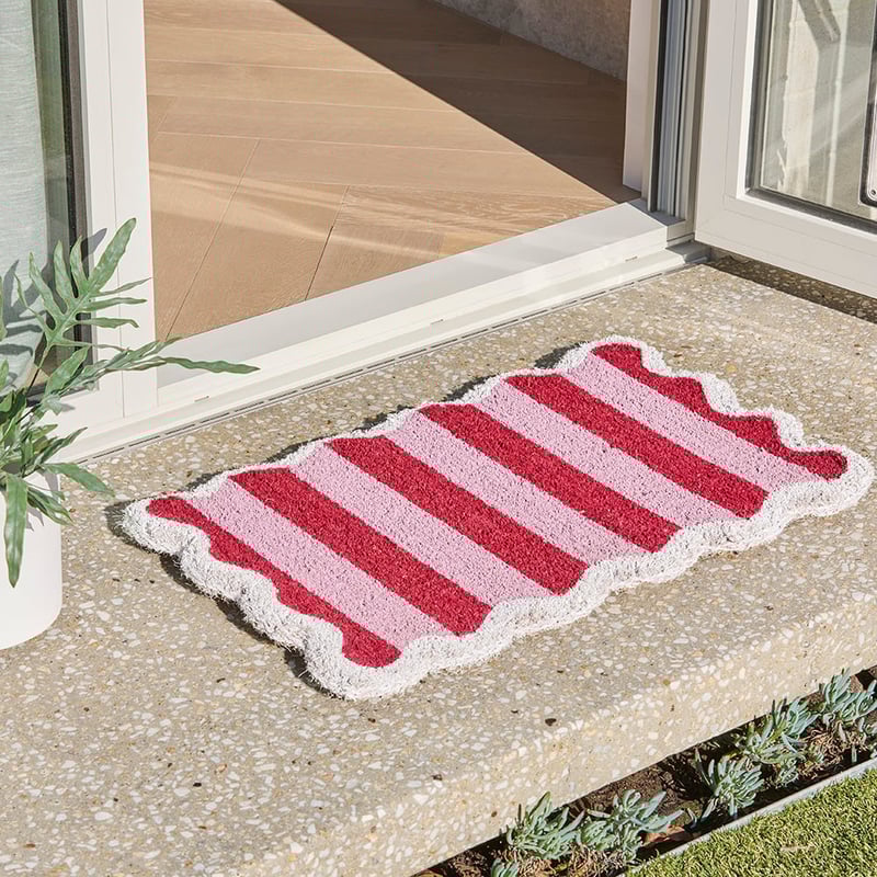 Coir Scallop Stripe Pink & Red Doormat