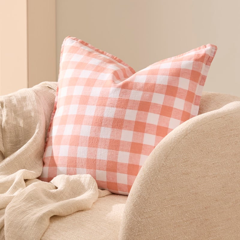 Belgian Coral & White Check Vintage Washed Linen Cushion