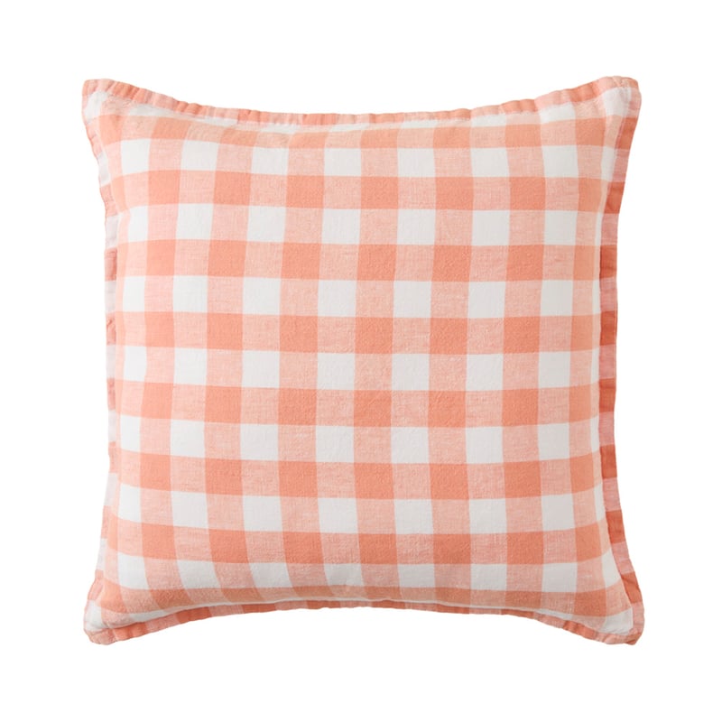Belgian Coral & White Check Vintage Washed Linen Cushion