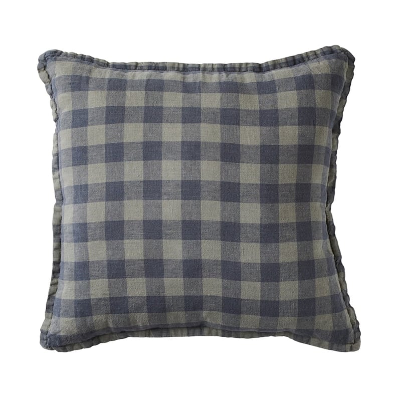 Belgian Gum Leaf & Deep Teal Check Vintage Washed Linen Cushion