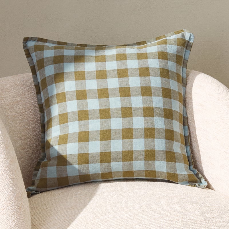 Belgian Mist & Olive Green Check Vintage Washed Linen Cushion