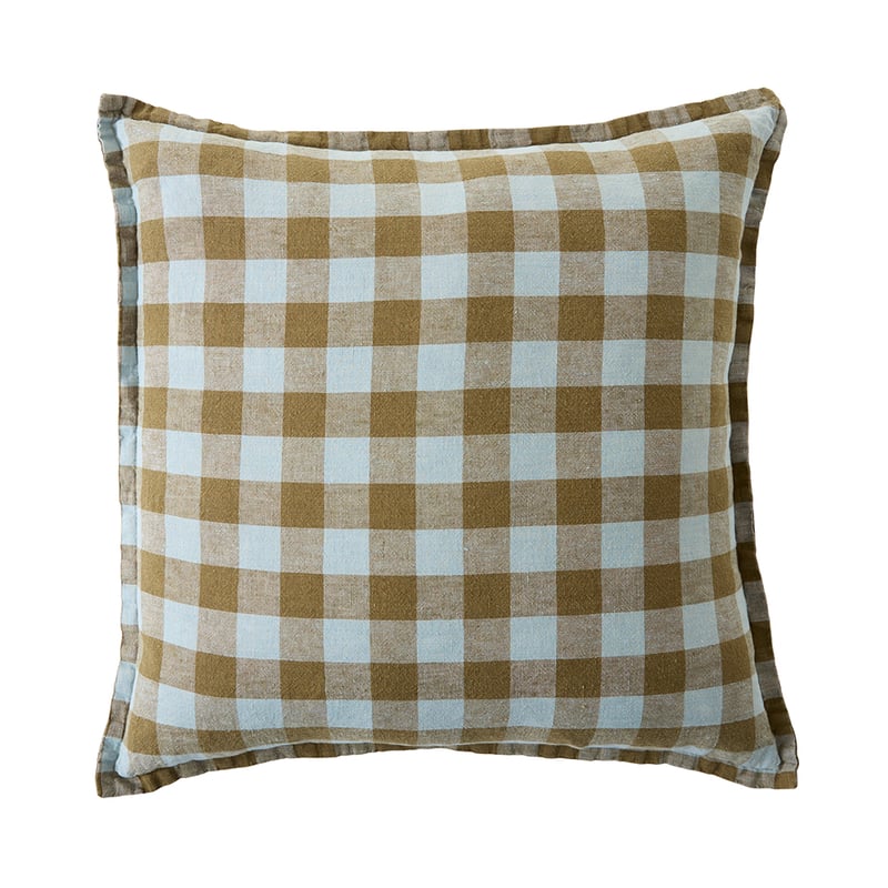 Belgian Mist & Olive Green Check Vintage Washed Linen Cushion
