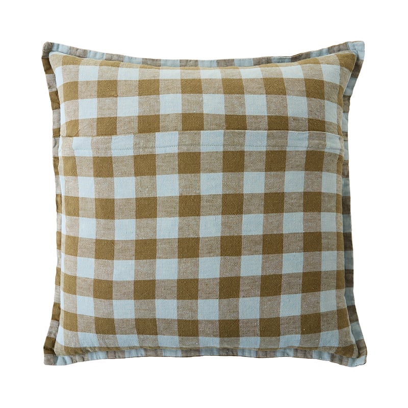Belgian Mist & Olive Green Check Vintage Washed Linen Cushion