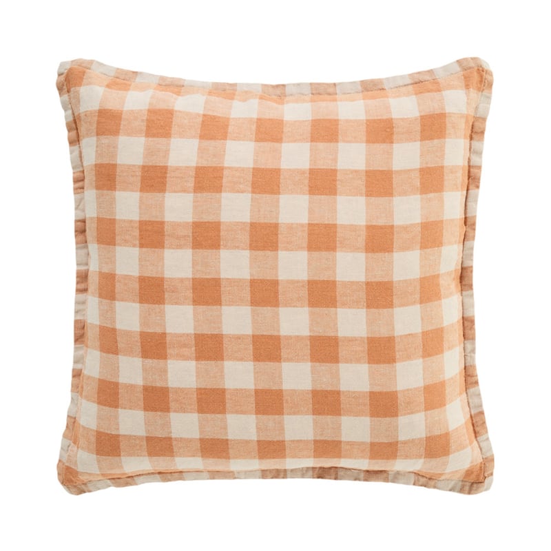 Belgian Natural & Pecan Check Vintage Washed Linen Cushion