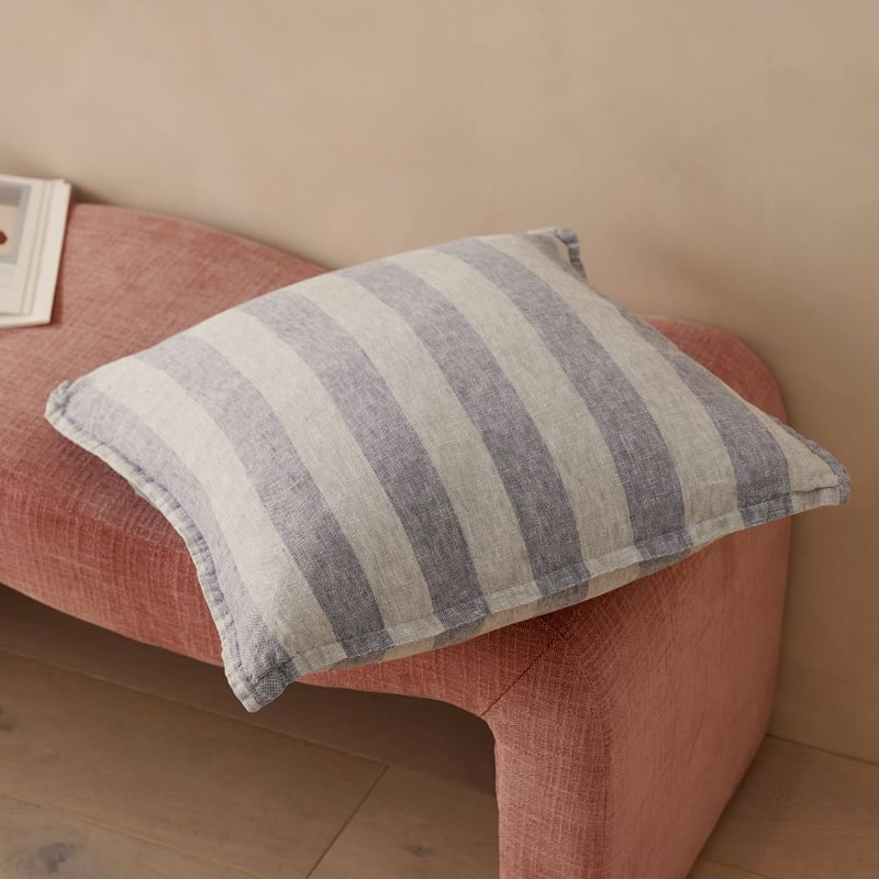 Belgian Gum Leaf & Deep Teal Stripe Vintage Washed Linen Cushion