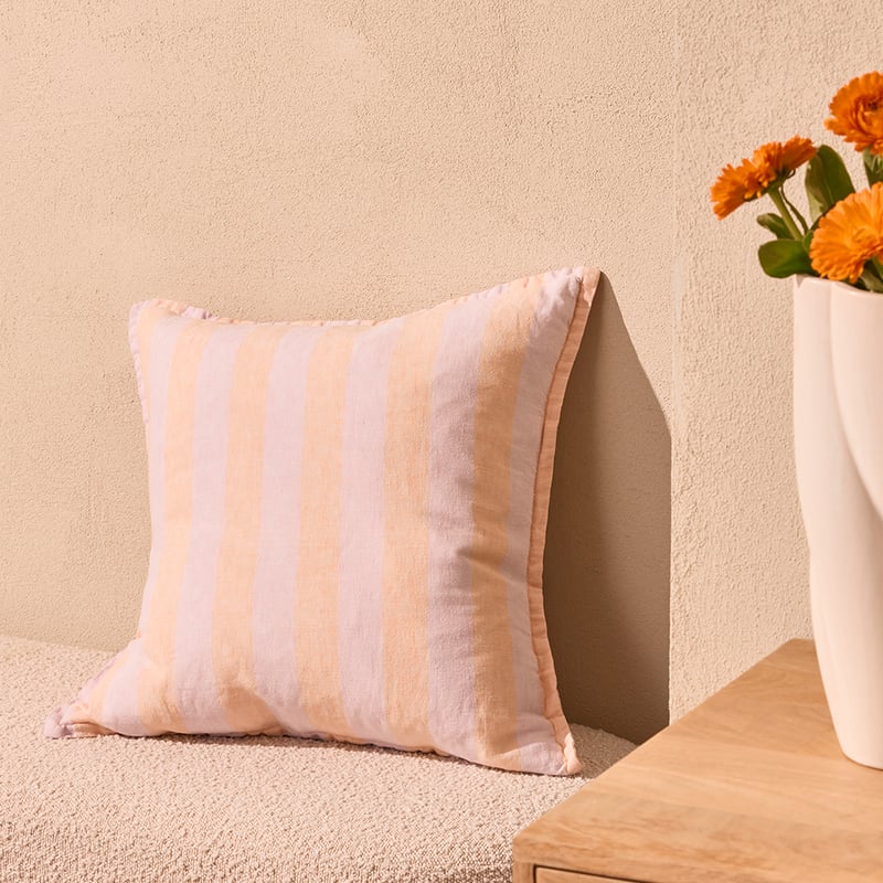 Belgian Orchid & Apricot Stripe Vintage Washed Linen Cushion