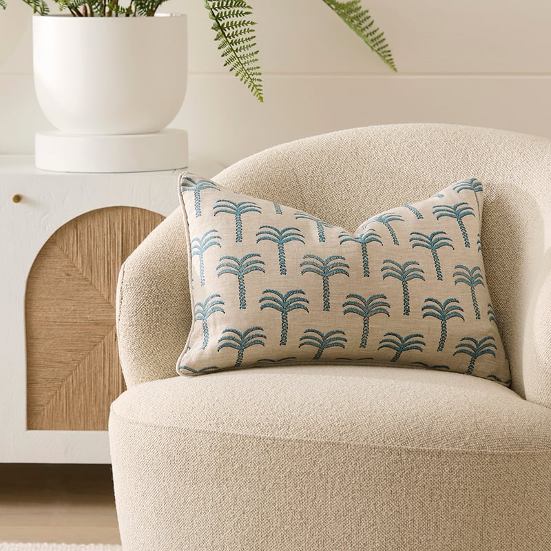 Delhi Woodblock Blue Palm Linen Cushion