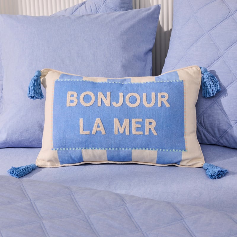 Summer Bonjour La Mer Text Cushion