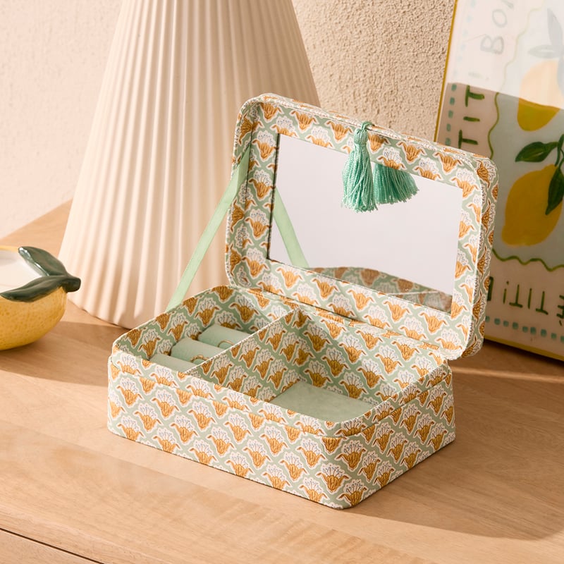 Teal Block Printed Jewellery Box