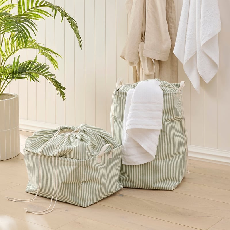 Collapsible Green Pinstripe Storage Basket