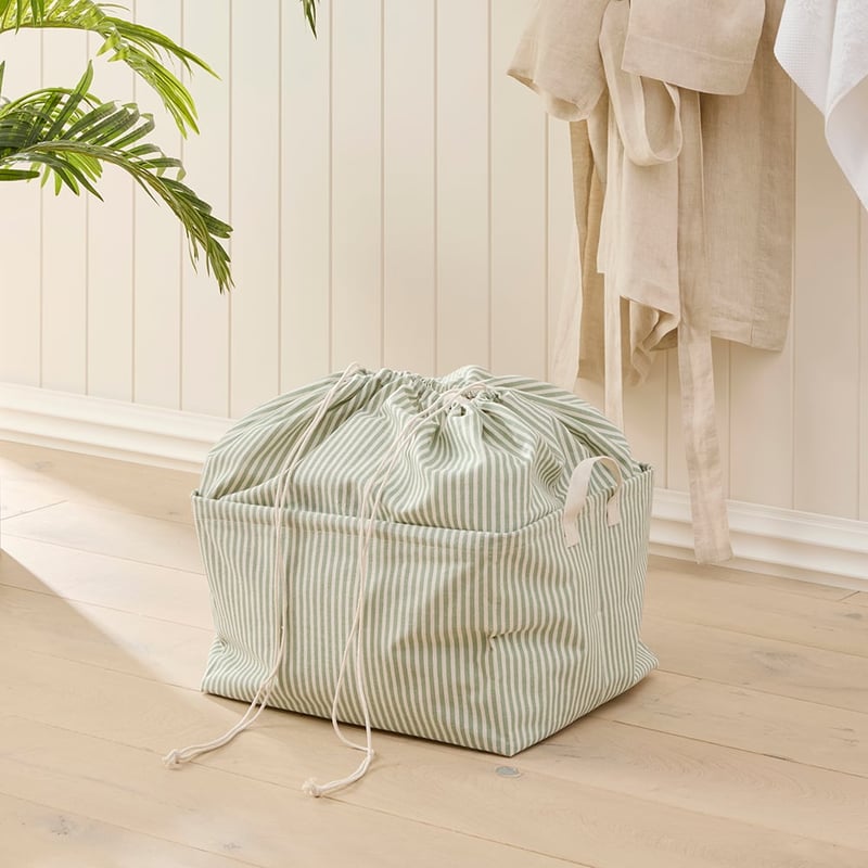 Collapsible Green Pinstripe Storage Basket