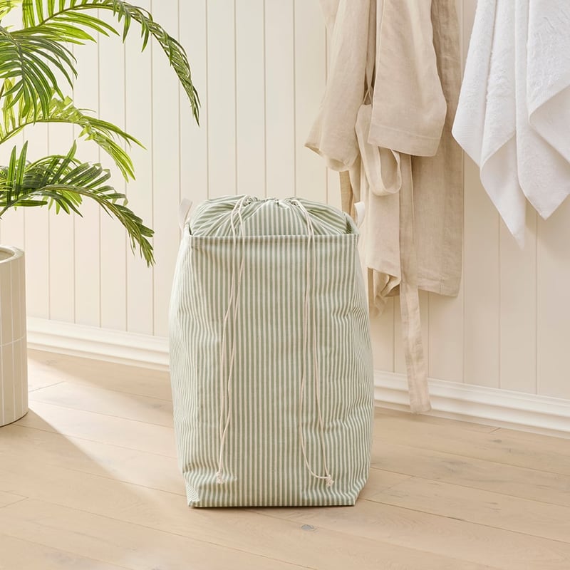 Collapsible Green Pinstripe Storage Basket