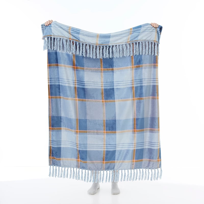 Aspen Blue Check Fleece Tassel Print Throw