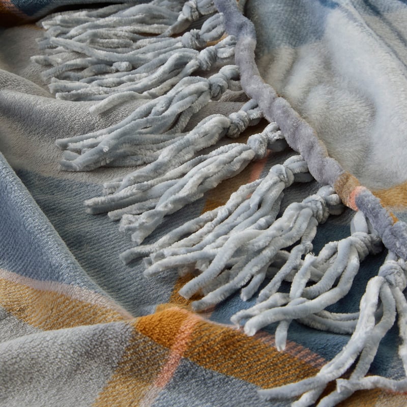 Aspen Blue Check Fleece Tassel Print Throw