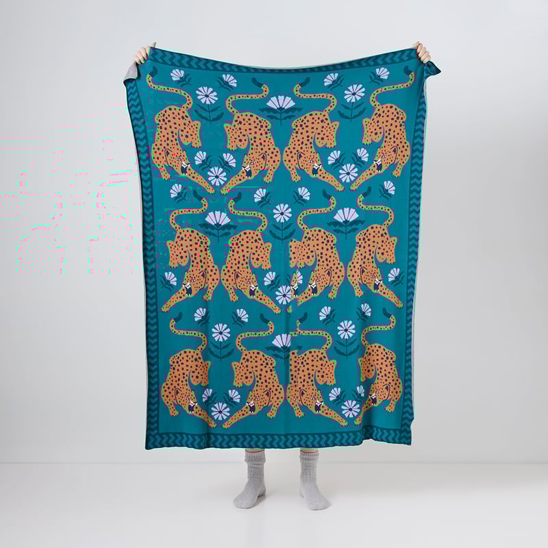 Cheetah Teal Knitted Throw
