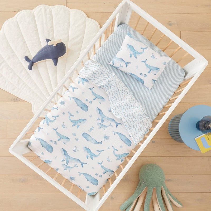 Whale Wonder White Quilted Cot Quilt Cover Set