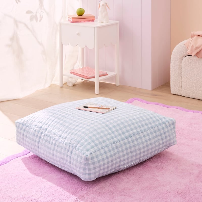 Vintage Washed Linen Dusty Blue Check Floor Cushion